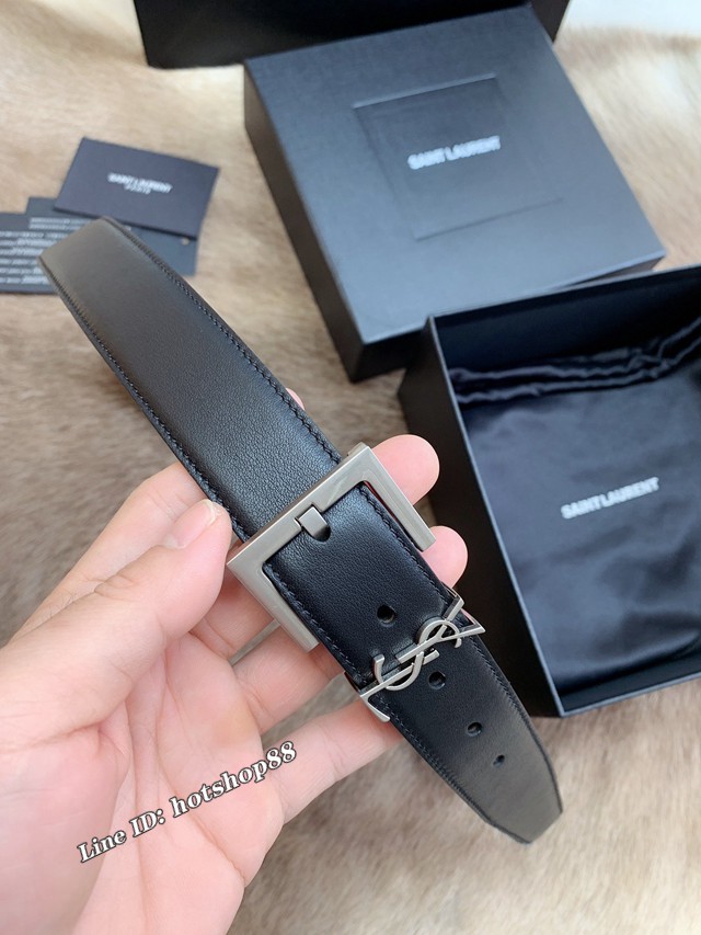 Saint Laurent經典爆款女士皮帶 聖羅蘭平紋小牛皮方形搭扣腰帶  jjp2601